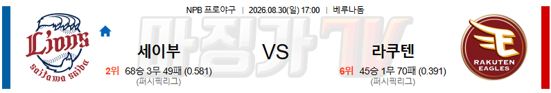 2026-08-30 NPB 세이부 라쿠텐 KBO/NPB분석 무료중계 스포츠분석 관련 이미지