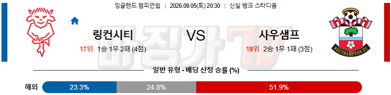 2026-09-05 잉글랜드 챔피언쉽 링컨시티 사우샘프턴 해외축구분석 무료중계 스포츠분석 관련 이미지