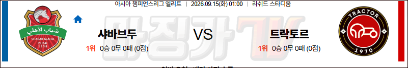 2026-09-15 아시아 챔피언스리그 엘리트 샤바브 알아흘리 두바이 트락토르 사지 FC 해외축구분석 무료중계 스포츠분석 관련 이미지
